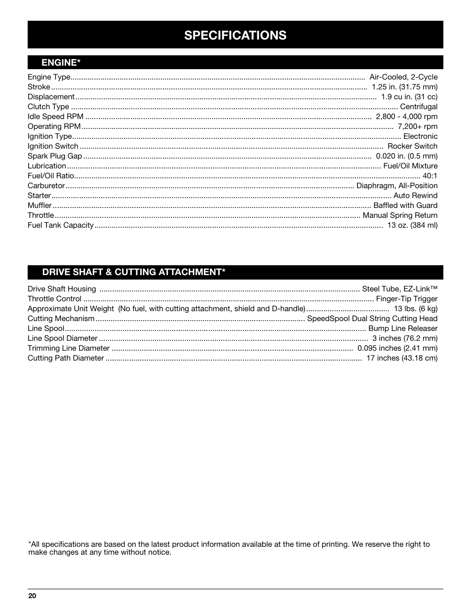 Specifications | Troy-Bilt TB25CS User Manual | Page 20 / 72