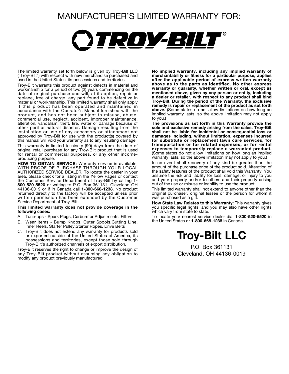 Troy-bilt llc, Manufacturer’s limited warranty for | Troy-Bilt TB25CS User Manual | Page 22 / 72