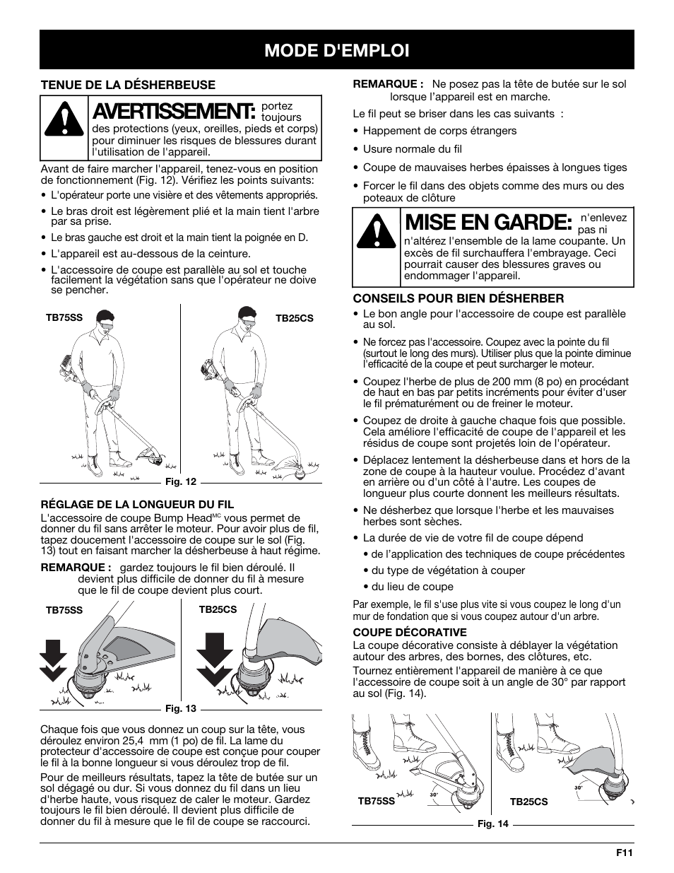 Mise en garde, Avertissement, Mode d'emploi | Troy-Bilt TB25CS User Manual | Page 33 / 72