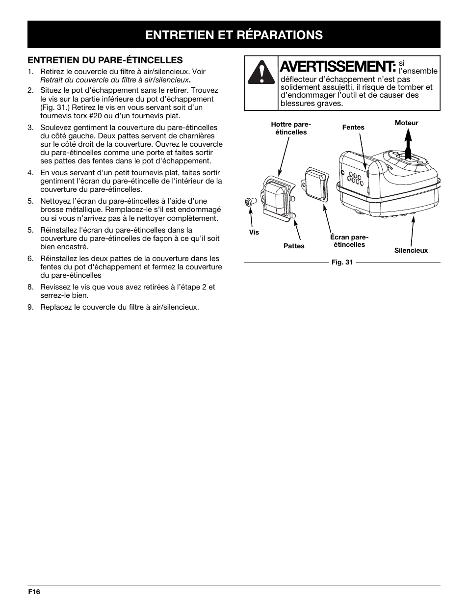 Avertissement, Entretien et réparations | Troy-Bilt TB25CS User Manual | Page 38 / 72