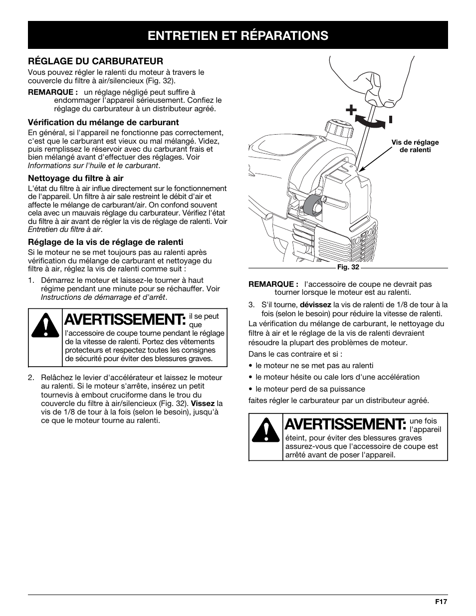 Avertissement, Entretien et réparations | Troy-Bilt TB25CS User Manual | Page 39 / 72