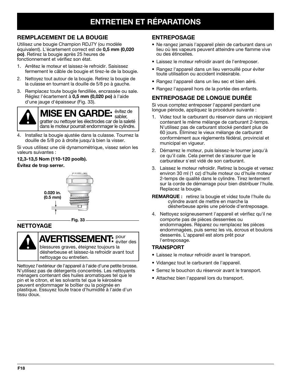 Mise en garde, Avertissement, Entretien et réparations | Troy-Bilt TB25CS User Manual | Page 40 / 72