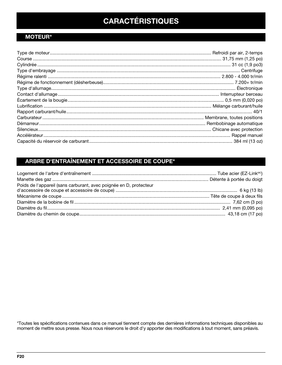 Caractéristiques | Troy-Bilt TB25CS User Manual | Page 42 / 72