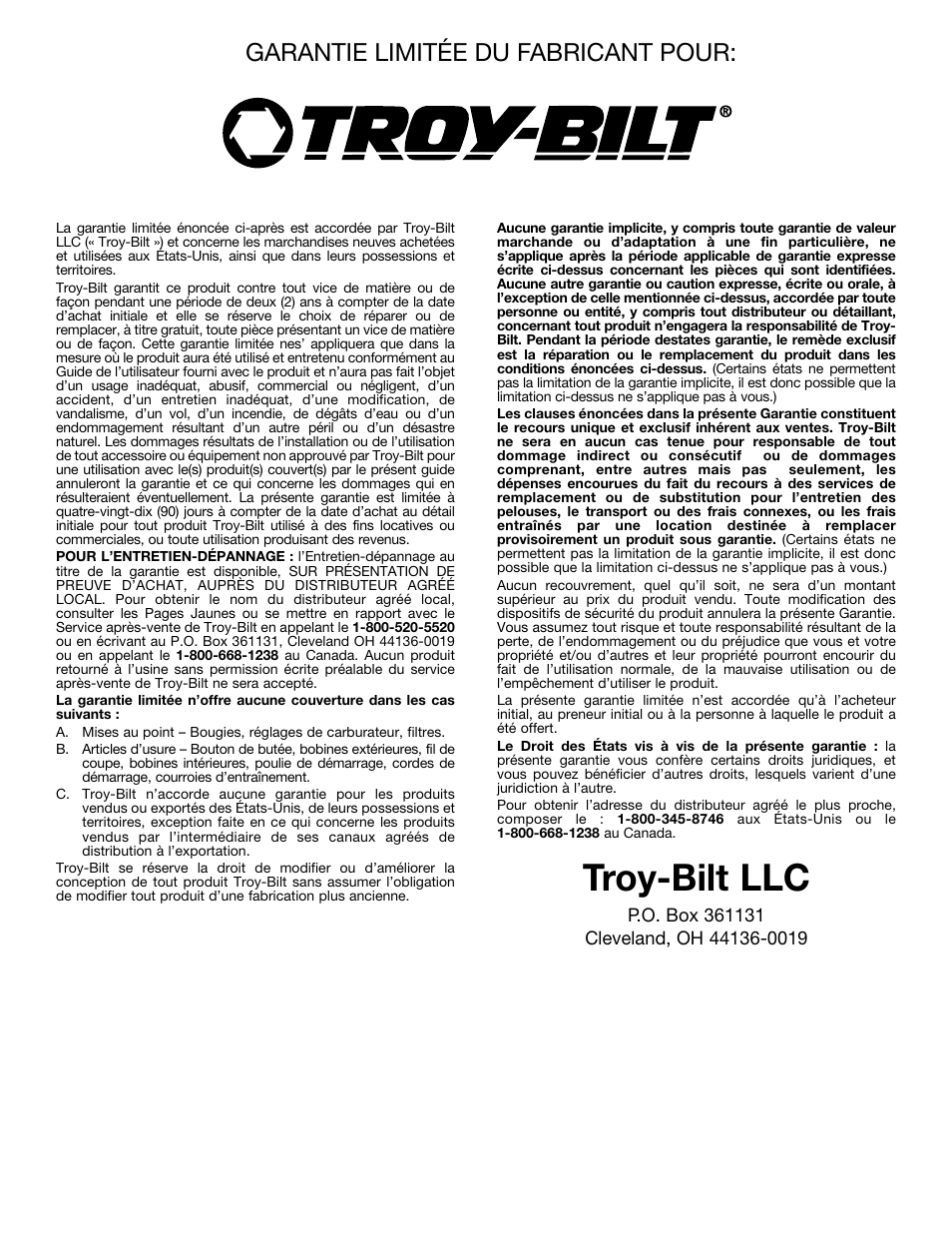 Troy-bilt llc, Garantie limitée du fabricant pour | Troy-Bilt TB25CS User Manual | Page 46 / 72