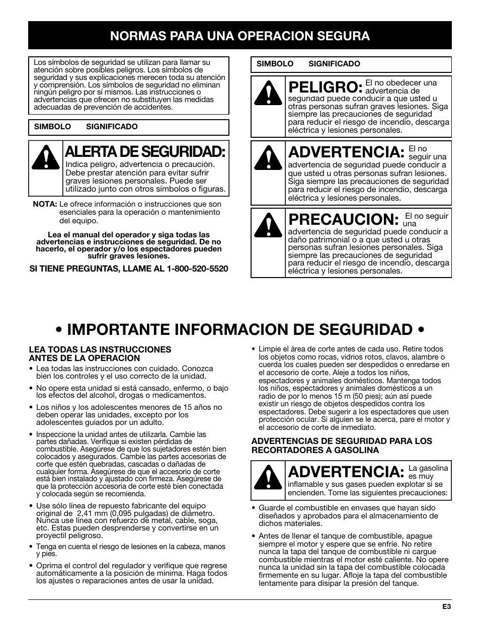 Importante informacion de seguridad, Advertencia, Peligro | Precaucion, Alerta de seguridad, Normas para una operacion segura | Troy-Bilt TB25CS User Manual | Page 49 / 72