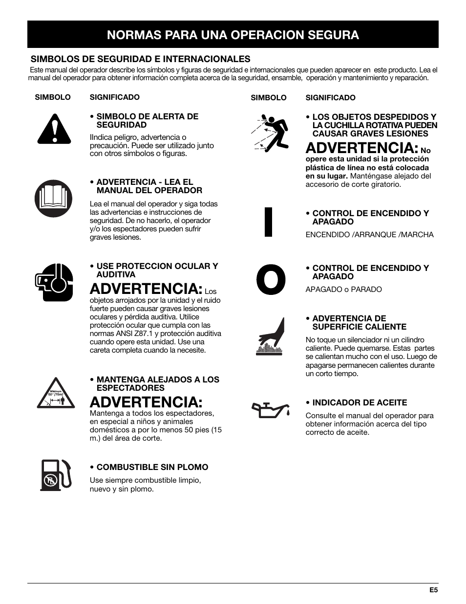 Advertencia, Normas para una operacion segura | Troy-Bilt TB25CS User Manual | Page 51 / 72