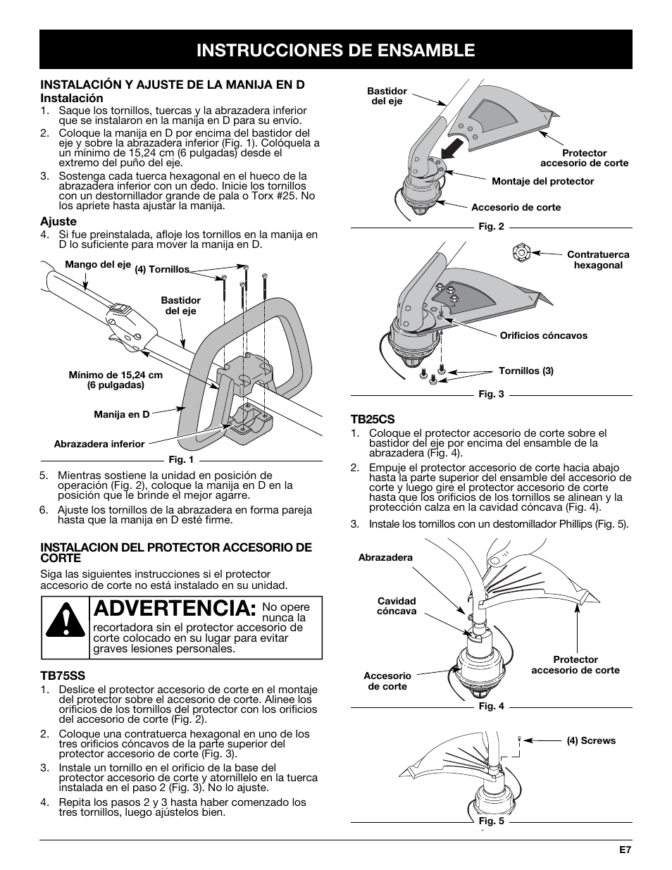 Advertencia, Instrucciones de ensamble | Troy-Bilt TB25CS User Manual | Page 53 / 72