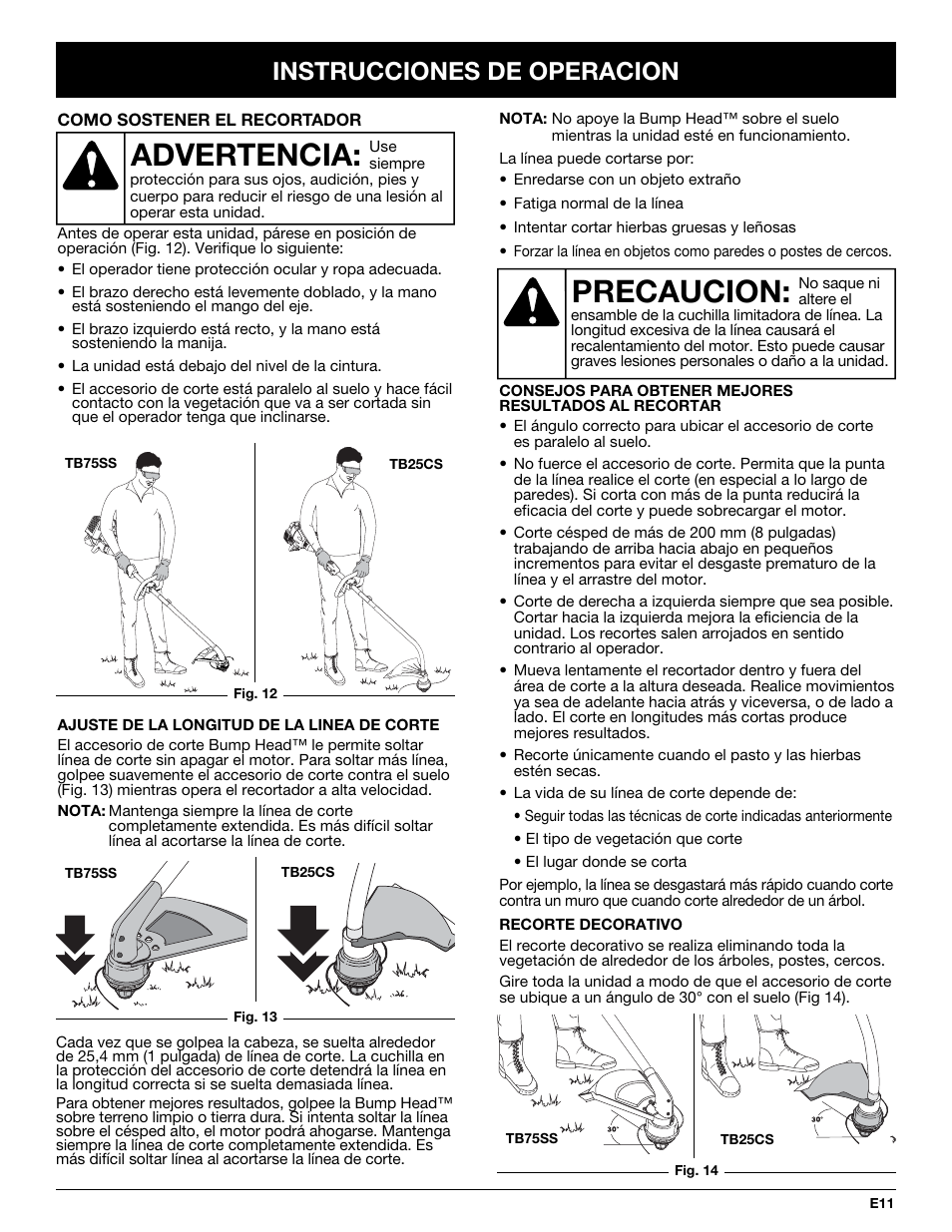 Precaucion, Advertencia, Instrucciones de operacion | Troy-Bilt TB25CS User Manual | Page 57 / 72