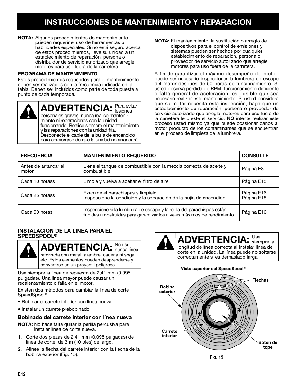 Advertencia, Instrucciones de mantenimiento y reparacion | Troy-Bilt TB25CS User Manual | Page 58 / 72