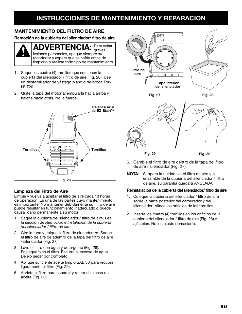 Advertencia, Instrucciones de mantenimiento y reparacion | Troy-Bilt TB25CS User Manual | Page 61 / 72