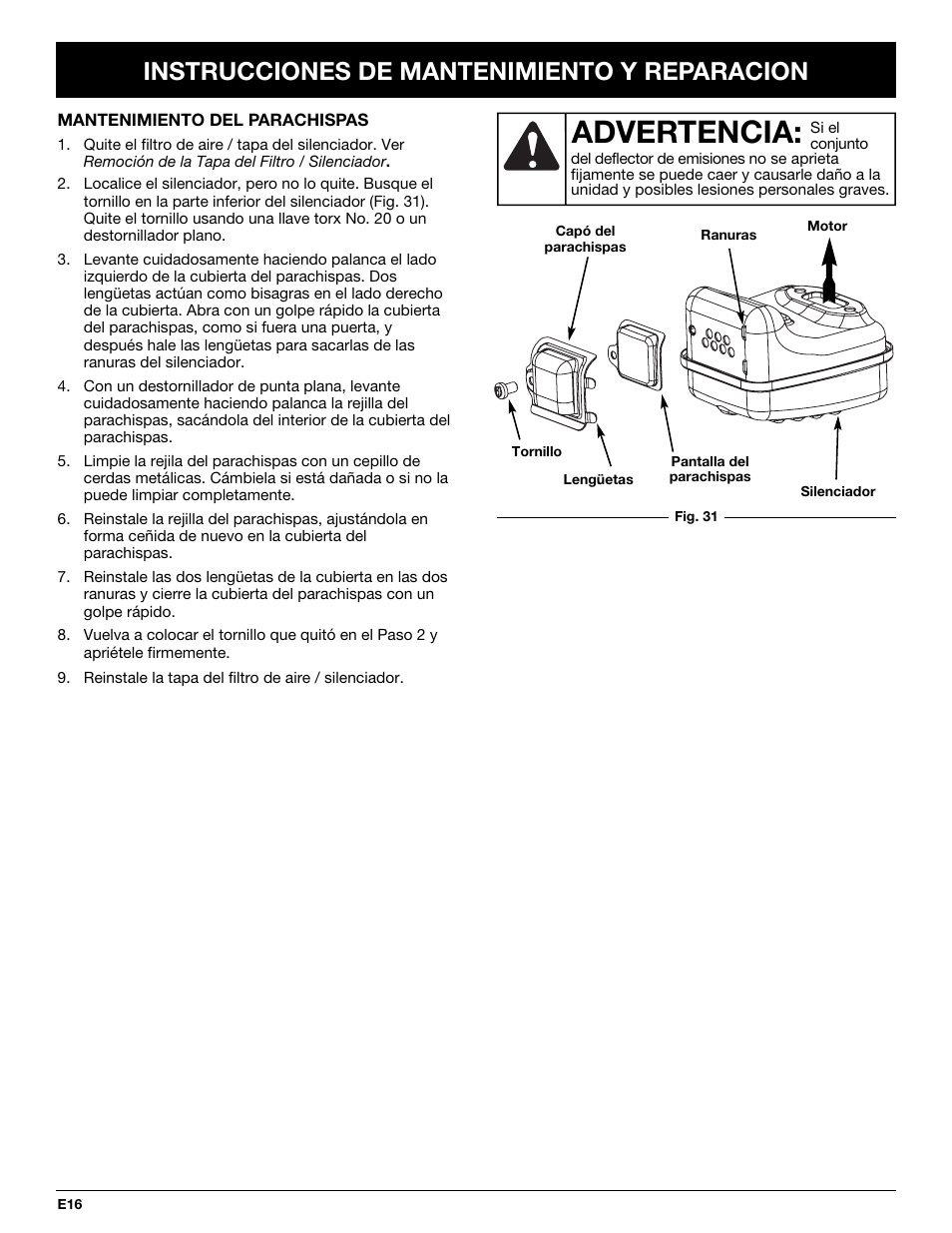 Advertencia, Instrucciones de mantenimiento y reparacion | Troy-Bilt TB25CS User Manual | Page 62 / 72
