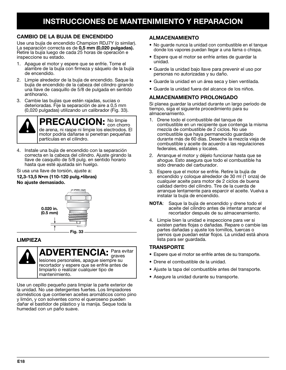 Advertencia, Precaucion, Instrucciones de mantenimiento y reparacion | Troy-Bilt TB25CS User Manual | Page 64 / 72