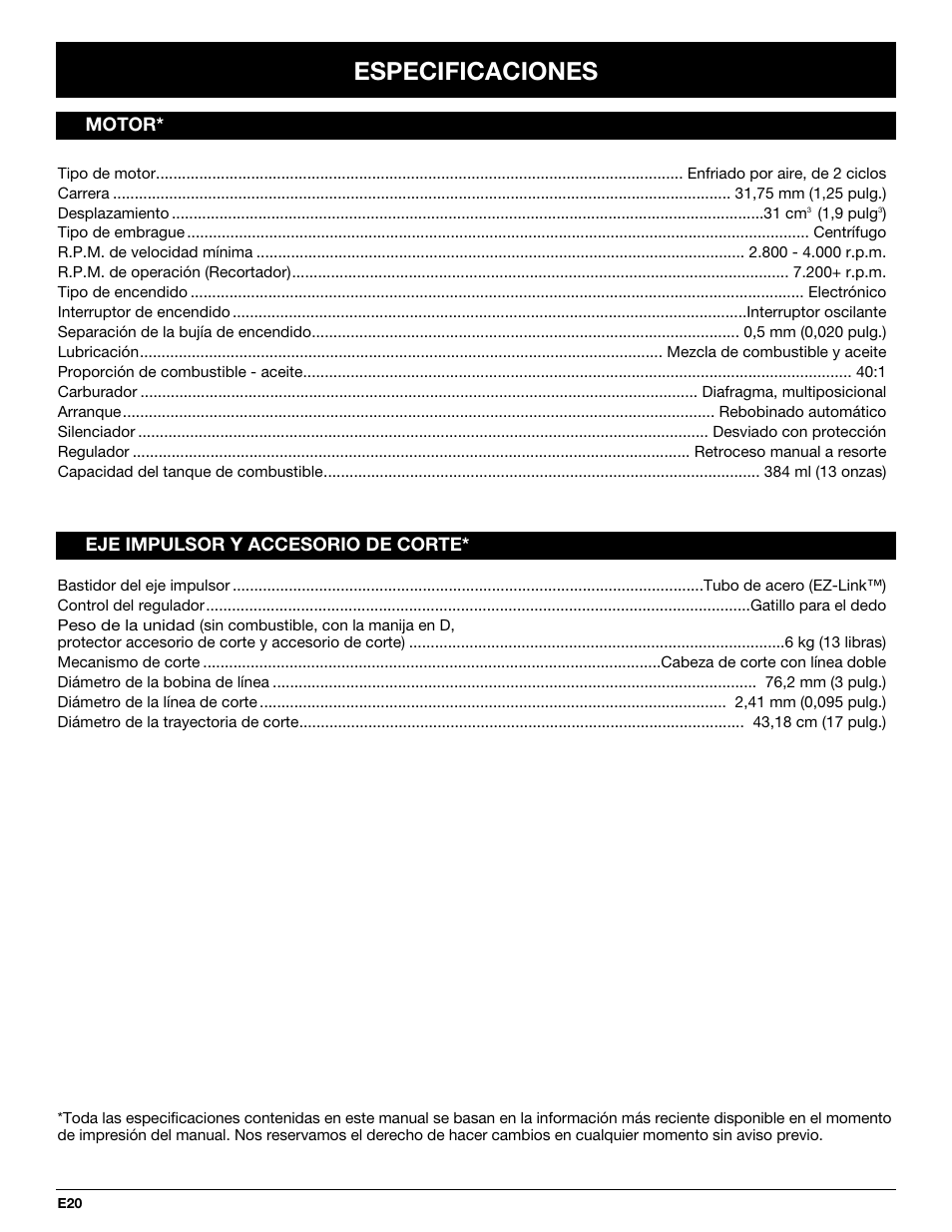 Especificaciones | Troy-Bilt TB25CS User Manual | Page 66 / 72