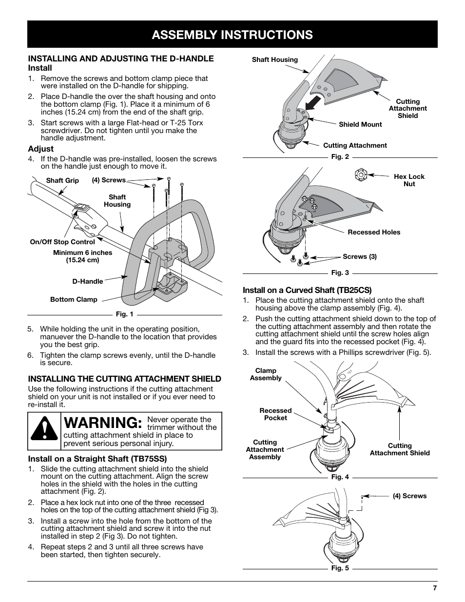 Warning, Assembly instructions | Troy-Bilt TB25CS User Manual | Page 7 / 72