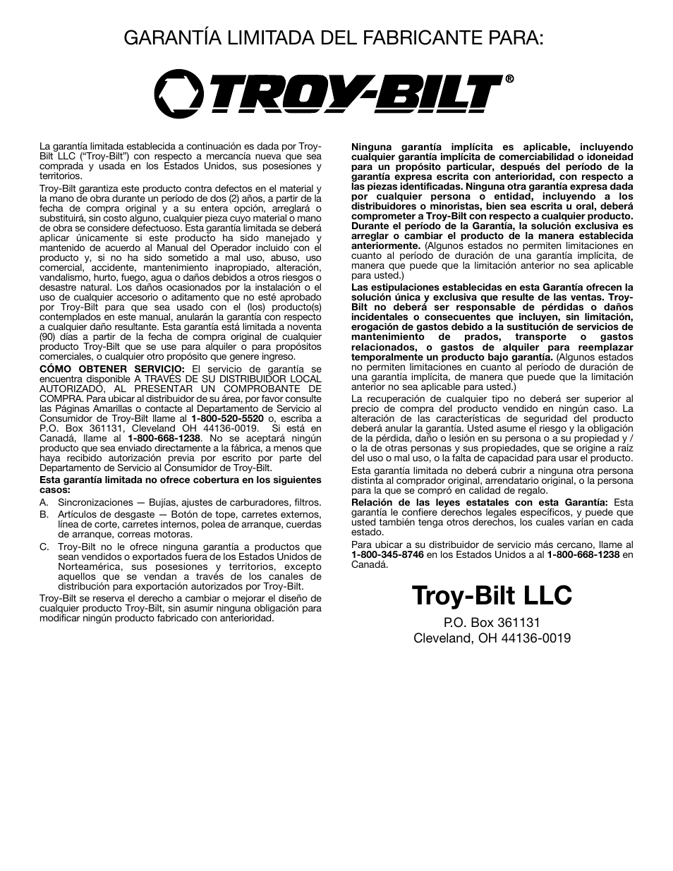 Troy-bilt llc, Garantía limitada del fabricante para | Troy-Bilt TB25CS User Manual | Page 72 / 72