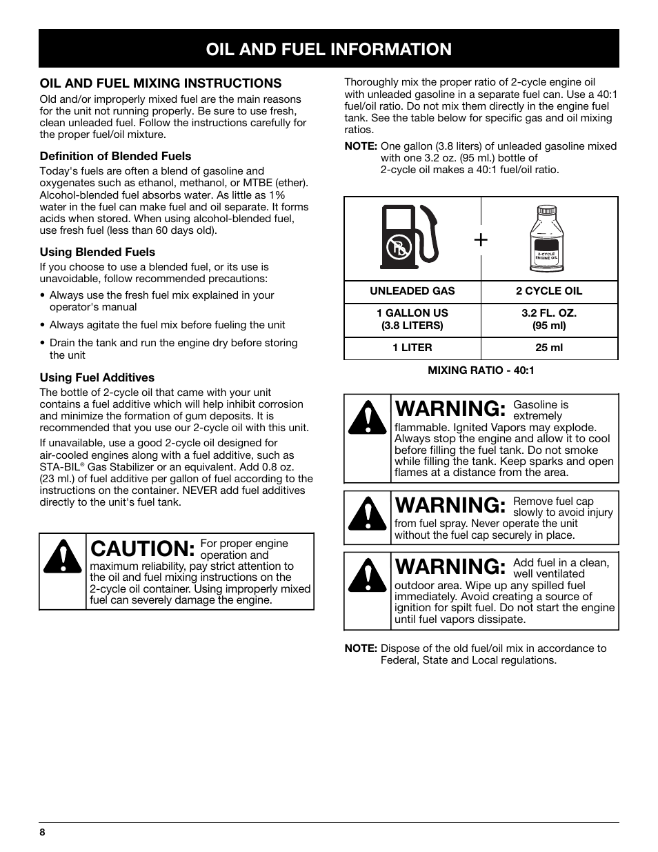 Warning, Caution, Oil and fuel information | Troy-Bilt TB25CS User Manual | Page 8 / 72