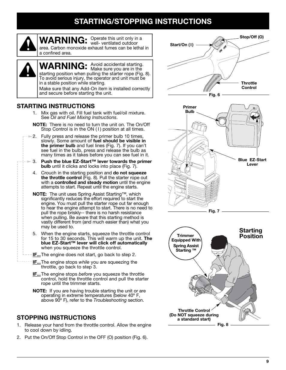 Warning, Starting/stopping instructions, Starting instructions | Stopping instructions, Starting position | Troy-Bilt TB25CS User Manual | Page 9 / 72