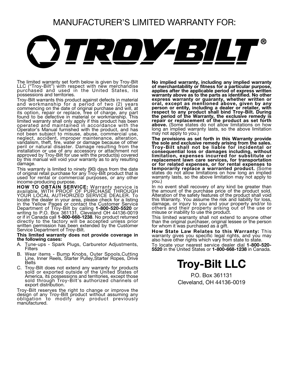 Troy-bilt llc, Manufacturer’s limited warranty for | Troy-Bilt Straight Shaft Trimmer User Manual | Page 16 / 48