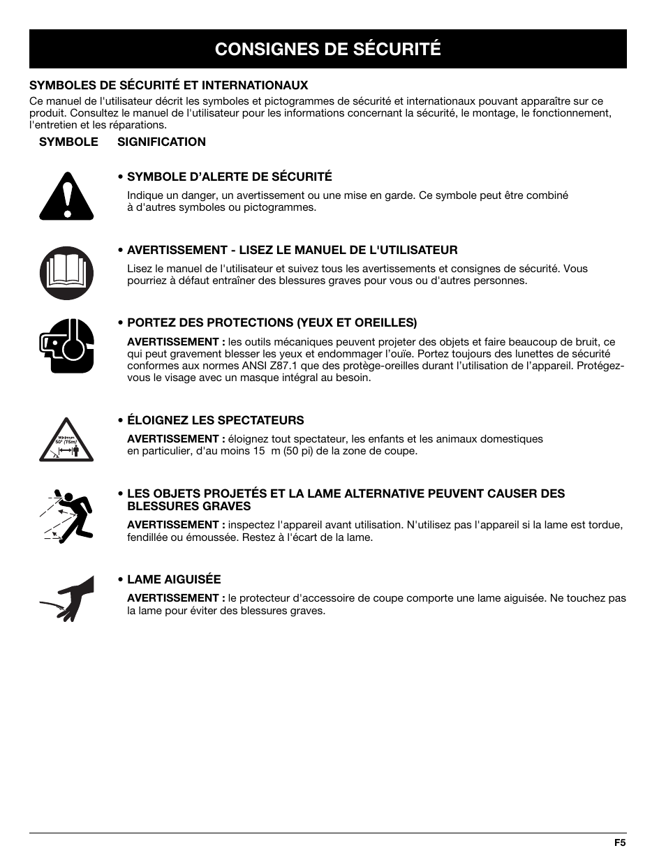 Consignes de sécurité | Troy-Bilt Straight Shaft Trimmer User Manual | Page 21 / 48