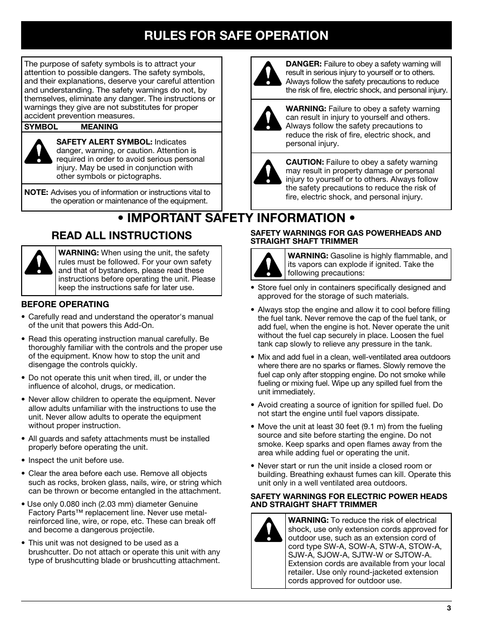 Read all instructions | Troy-Bilt Straight Shaft Trimmer User Manual | Page 3 / 48