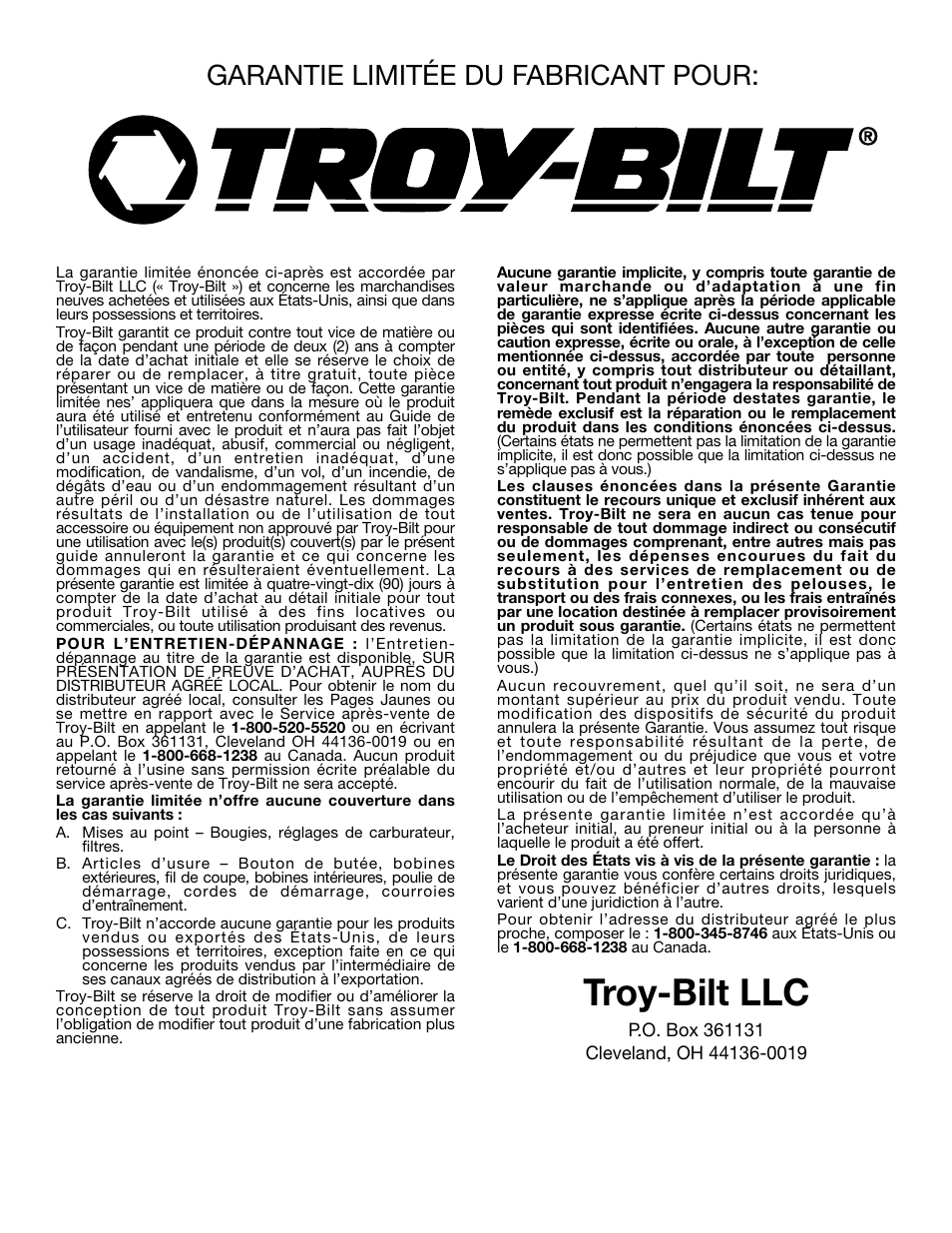 Troy-bilt llc, Garantie limitée du fabricant pour | Troy-Bilt Straight Shaft Trimmer User Manual | Page 32 / 48