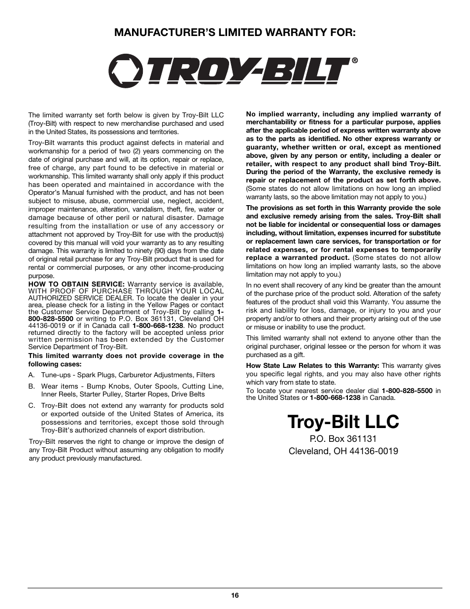 Troy-bilt llc, Manufacturer’s limited warranty for | Troy-Bilt PONY TB465SS User Manual | Page 16 / 52