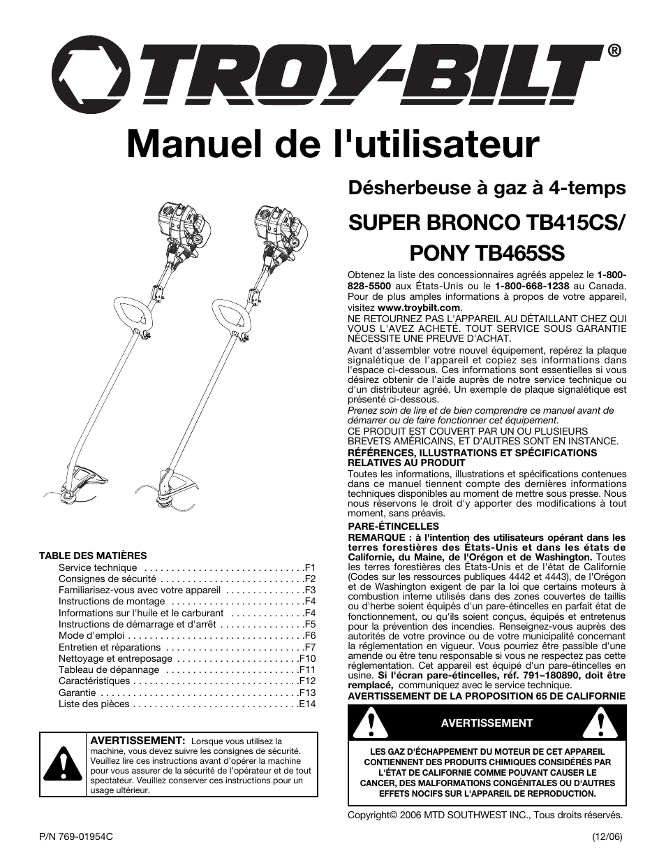 Manuel de l'utilisateur, Désherbeuse à gaz à 4-temps | Troy-Bilt PONY TB465SS User Manual | Page 17 / 52