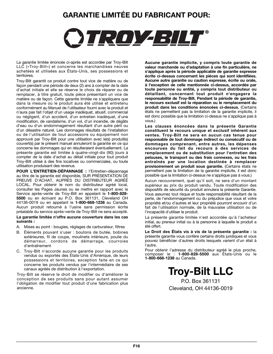 Troy-bilt llc, Garantie limitée du fabricant pour | Troy-Bilt PONY TB465SS User Manual | Page 32 / 52