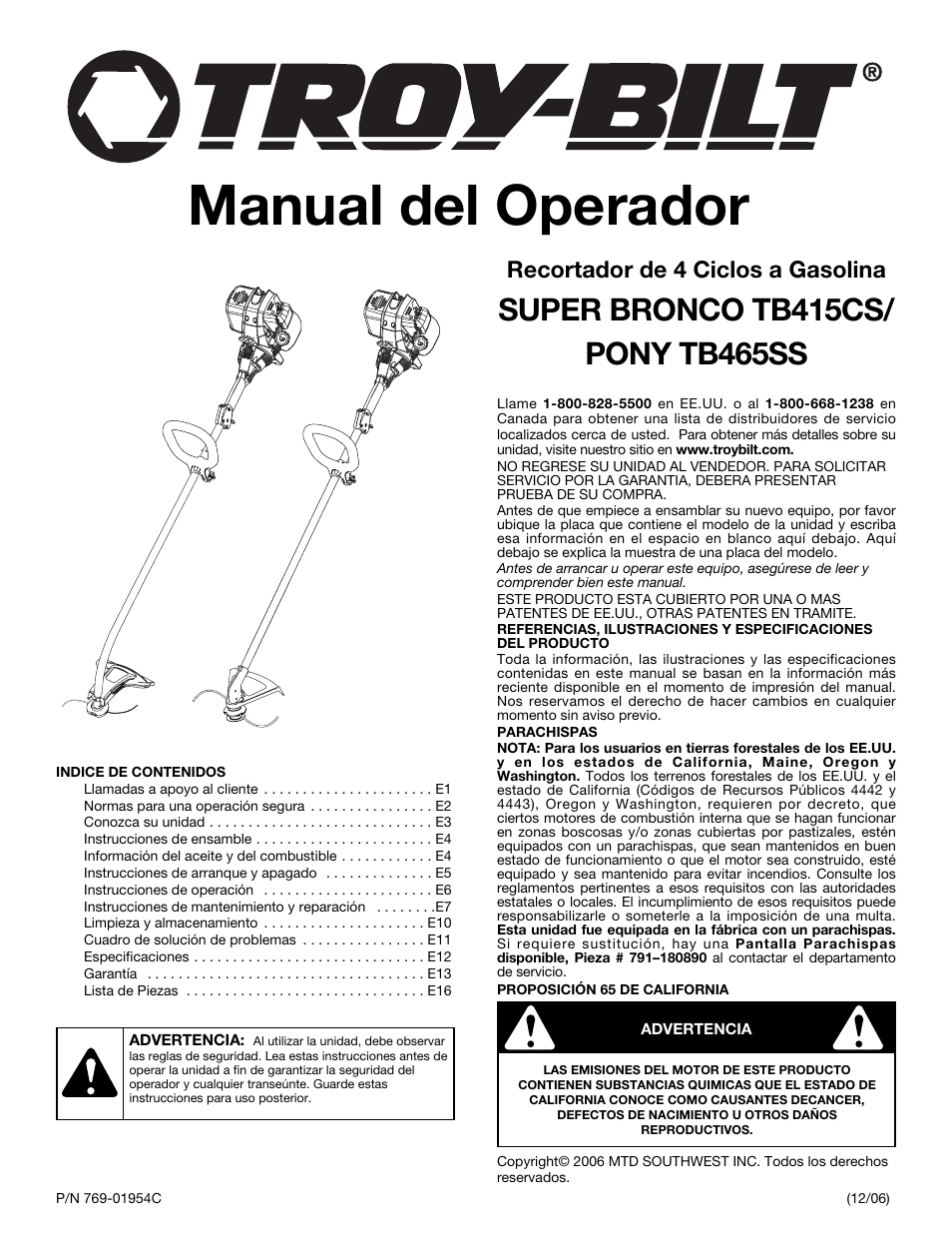 Manual del operador, Recortador de 4 ciclos a gasolina | Troy-Bilt PONY TB465SS User Manual | Page 33 / 52