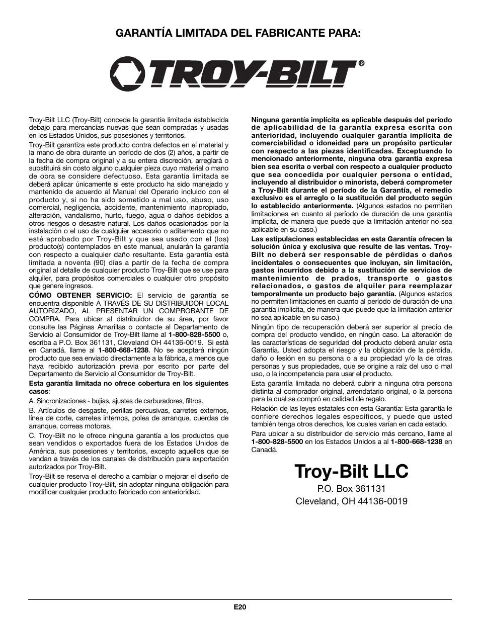 Troy-bilt llc | Troy-Bilt PONY TB465SS User Manual | Page 52 / 52