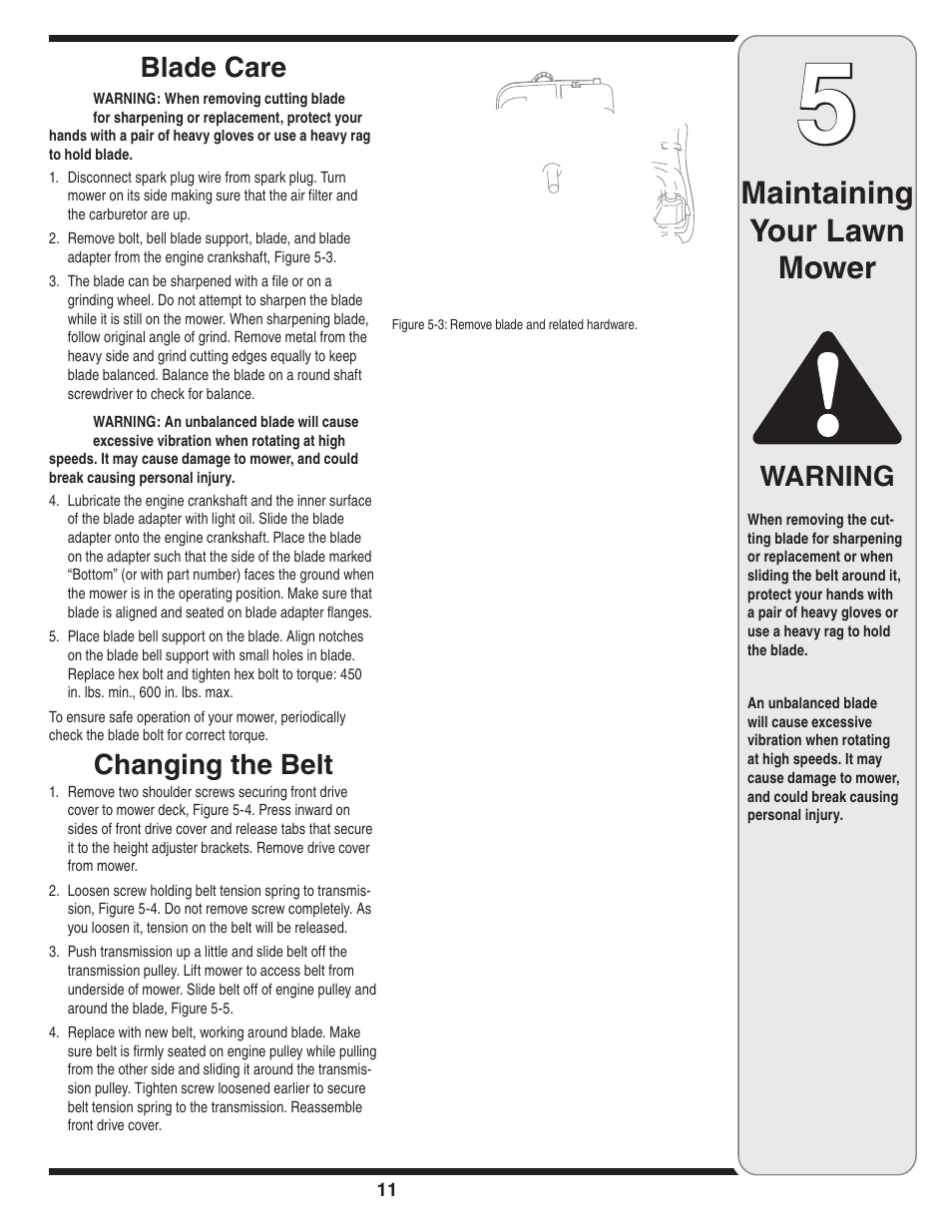 Maintaining your lawn mower, Warning, Blade care | Changing the belt | Troy-Bilt 449 User Manual | Page 11 / 16