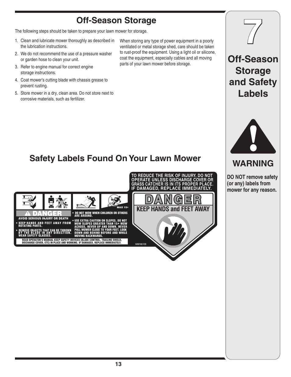 Off-season storage and safety labels, Warning | Troy-Bilt 449 User Manual | Page 13 / 16