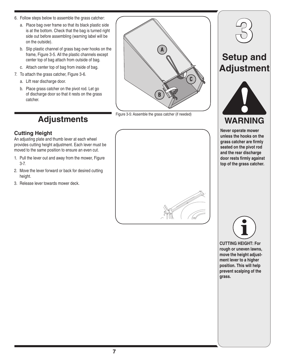Setup and adjustment, Warning, Adjustments | Troy-Bilt 449 User Manual | Page 7 / 16