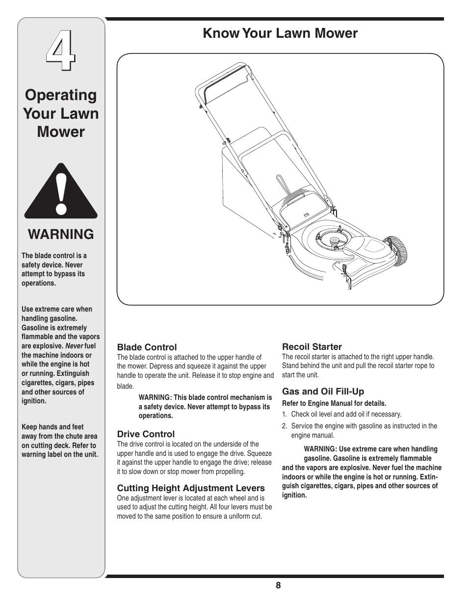 Operating your lawn mower, Warning, Know your lawn mower | Troy-Bilt 449 User Manual | Page 8 / 16