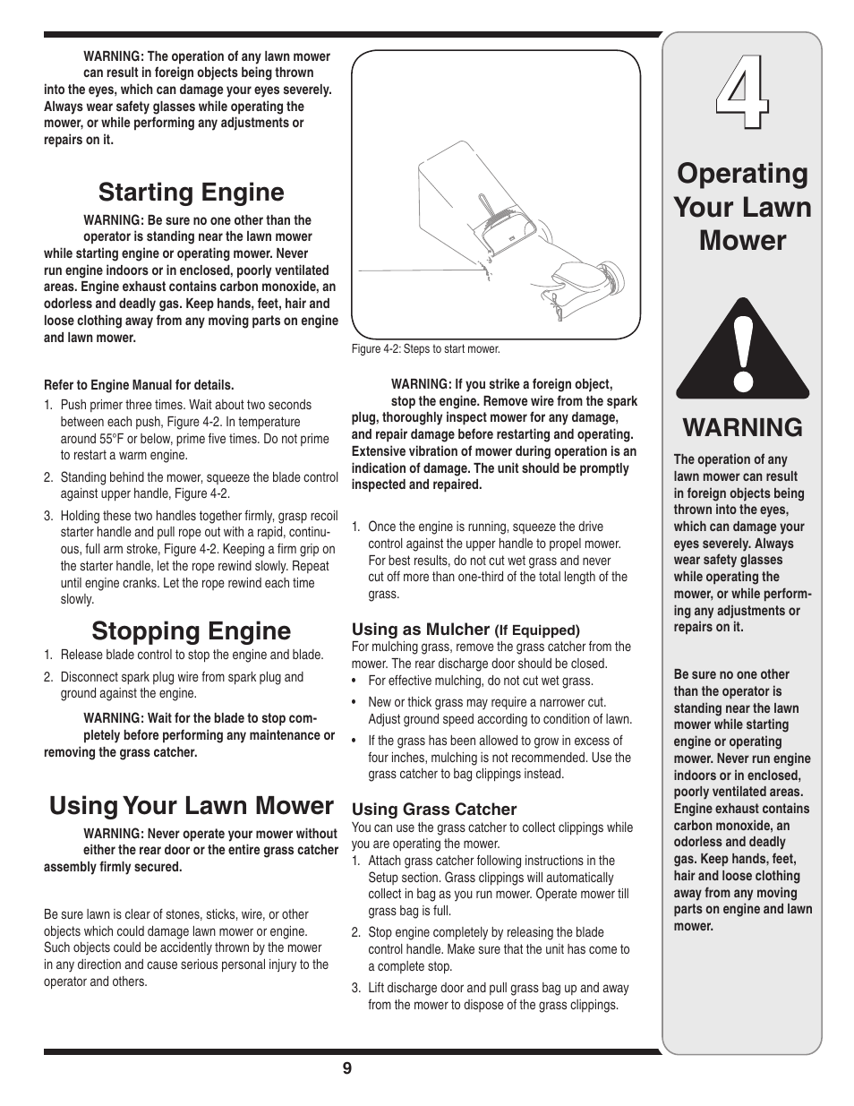 Operating your lawn mower, Warning, Starting engine | Stopping engine, Using your lawn mower | Troy-Bilt 449 User Manual | Page 9 / 16