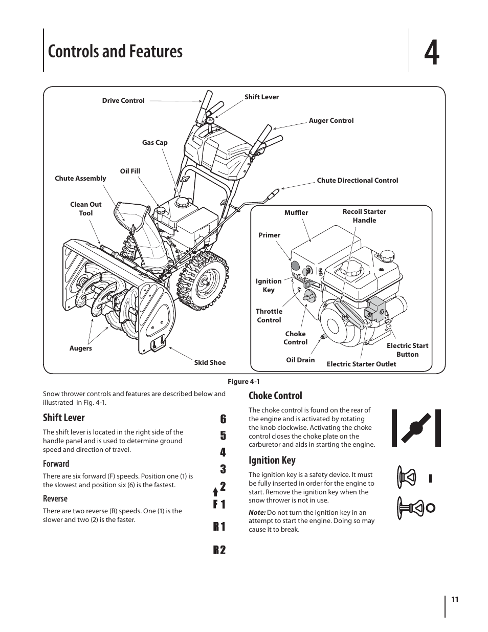 Controls and features, Shift lever, Choke control | Ignition key | Troy-Bilt Storm 2410 User Manual | Page 11 / 60