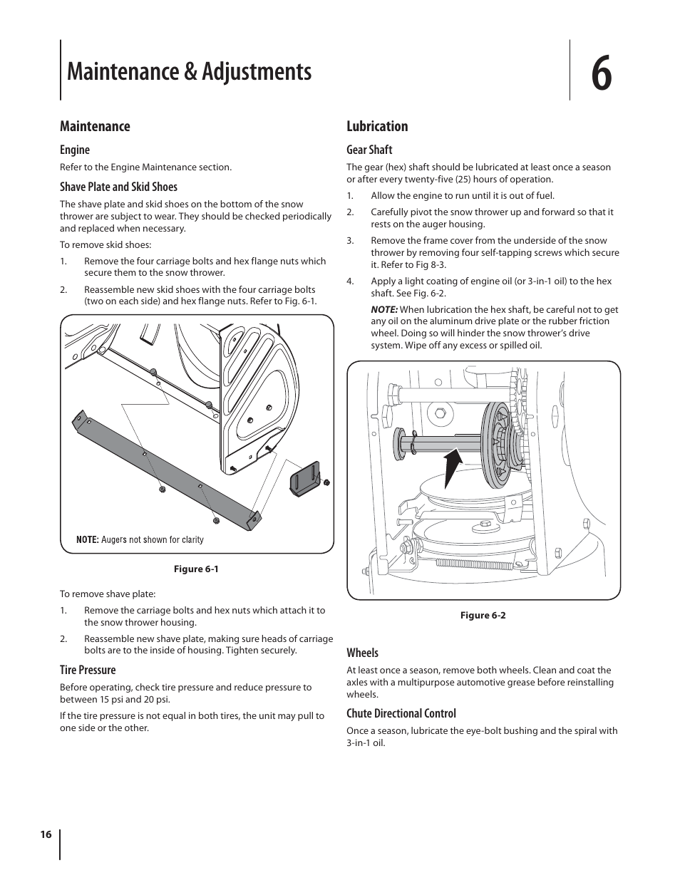 Maintenance & adjustments, Maintenance, Lubrication | Troy-Bilt Storm 2410 User Manual | Page 16 / 60