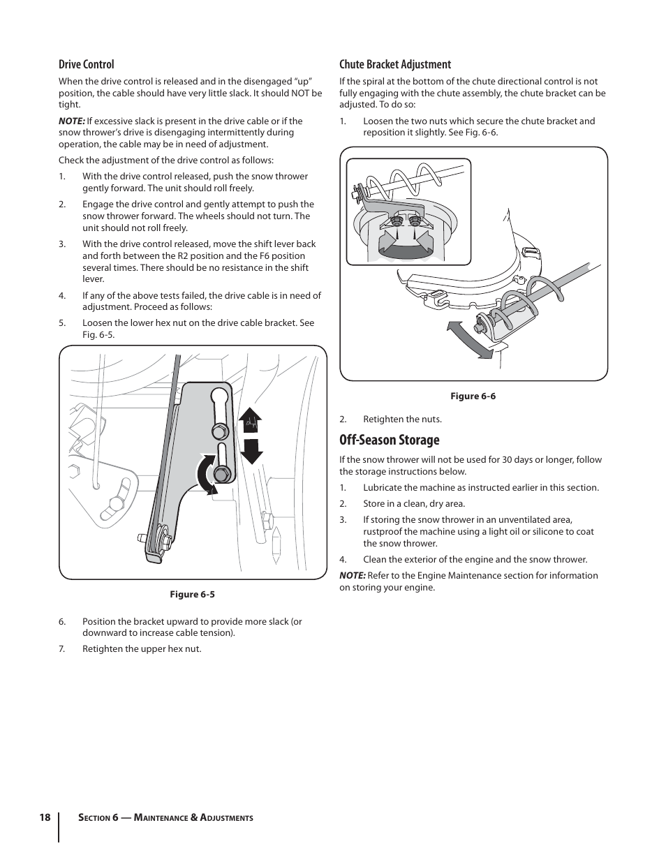 Off-season storage, Drive control, Chute bracket adjustment | Troy-Bilt Storm 2410 User Manual | Page 18 / 60