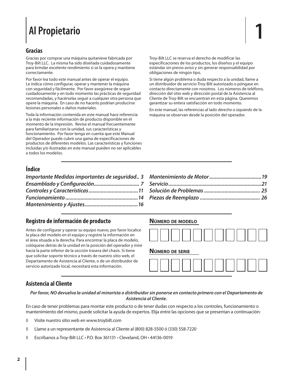 Al propietario, Asistencia al cliente, Gracias | Índice n, Registro de información de producto | Troy-Bilt Storm 2410 User Manual | Page 32 / 60