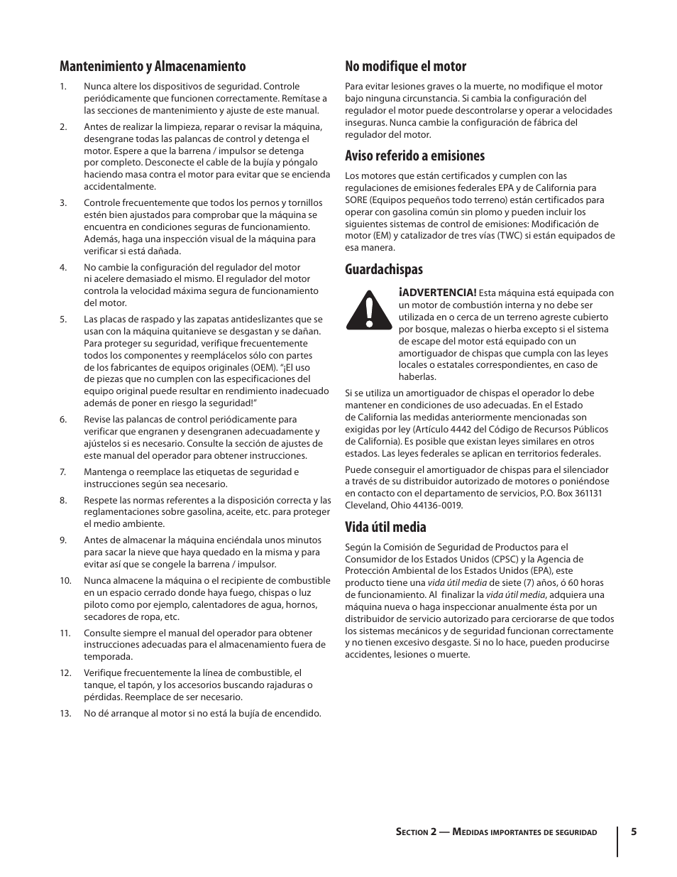 Mantenimiento y almacenamiento, No modifique el motor, Aviso referido a emisiones | Guardachispas, Vida útil media | Troy-Bilt Storm 2410 User Manual | Page 35 / 60