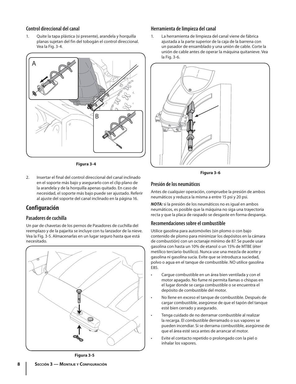 Configuración, Control direccional del canal, Pasadores de cuchilla | Herramienta de limpieza del canal, Presión de los neumáticos, Recomendaciones sobre el combustible | Troy-Bilt Storm 2410 User Manual | Page 38 / 60