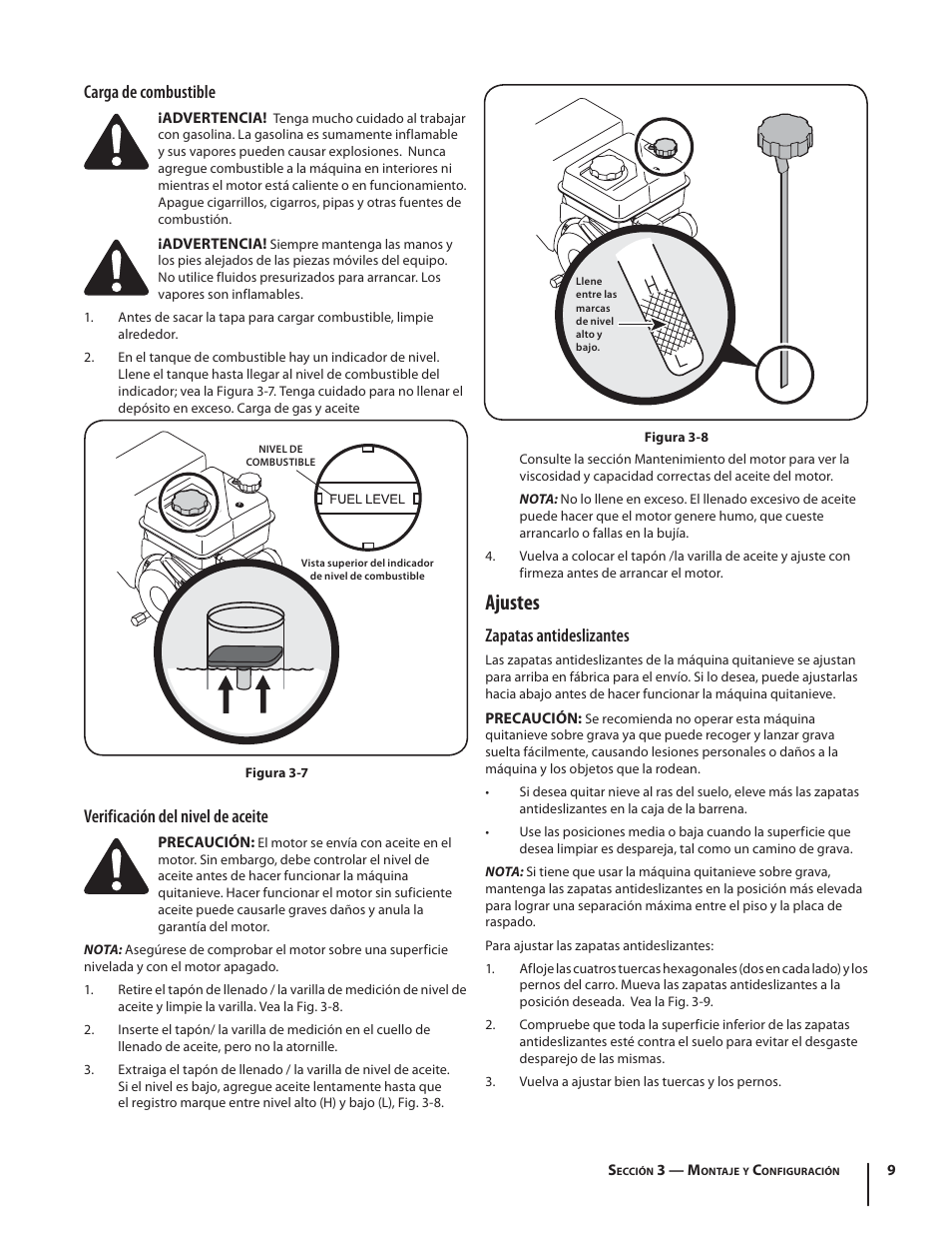 Ajustes, Carga de combustible, Verificación del nivel de aceite | Zapatas antideslizantes | Troy-Bilt Storm 2410 User Manual | Page 39 / 60