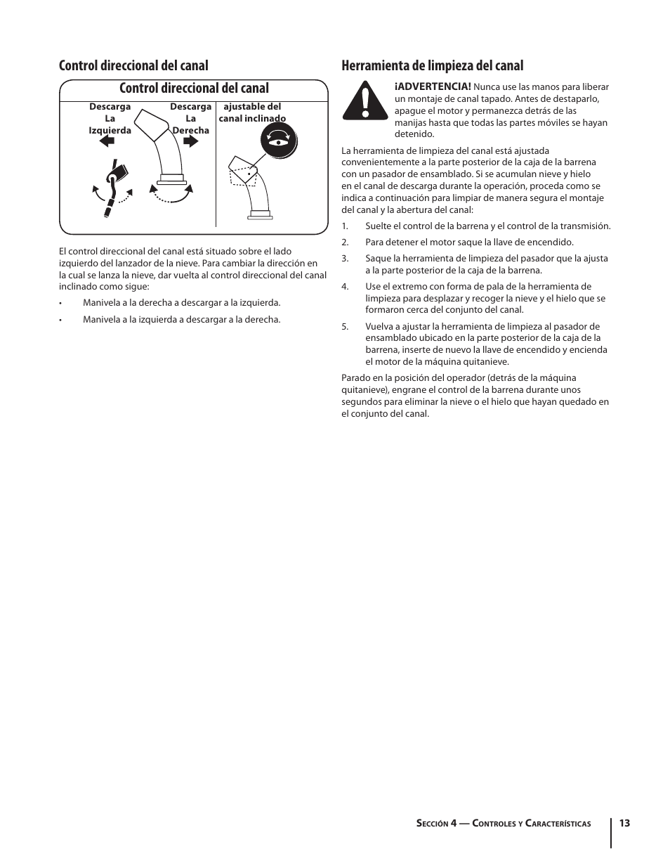 Control direccional del canal, Herramienta de limpieza del canal | Troy-Bilt Storm 2410 User Manual | Page 43 / 60