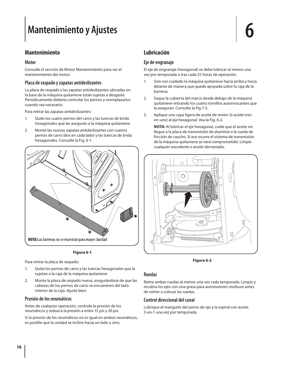 Mantenimiento y ajustes, Mantenimiento, Lubricación | Troy-Bilt Storm 2410 User Manual | Page 46 / 60