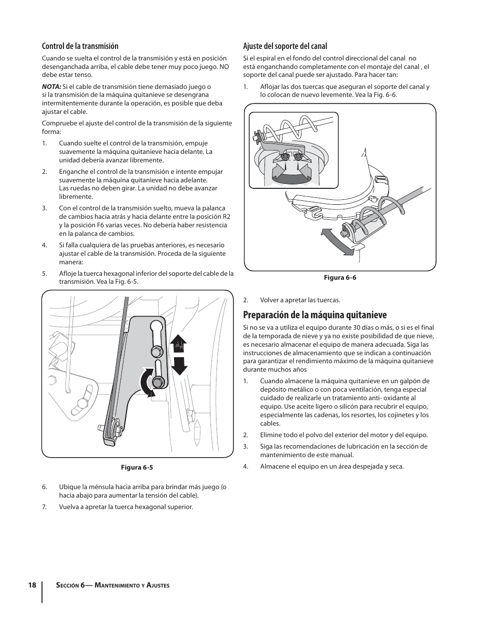 Preparación de la máquina quitanieve, Control de la transmisión, Ajuste del soporte del canal | Troy-Bilt Storm 2410 User Manual | Page 48 / 60