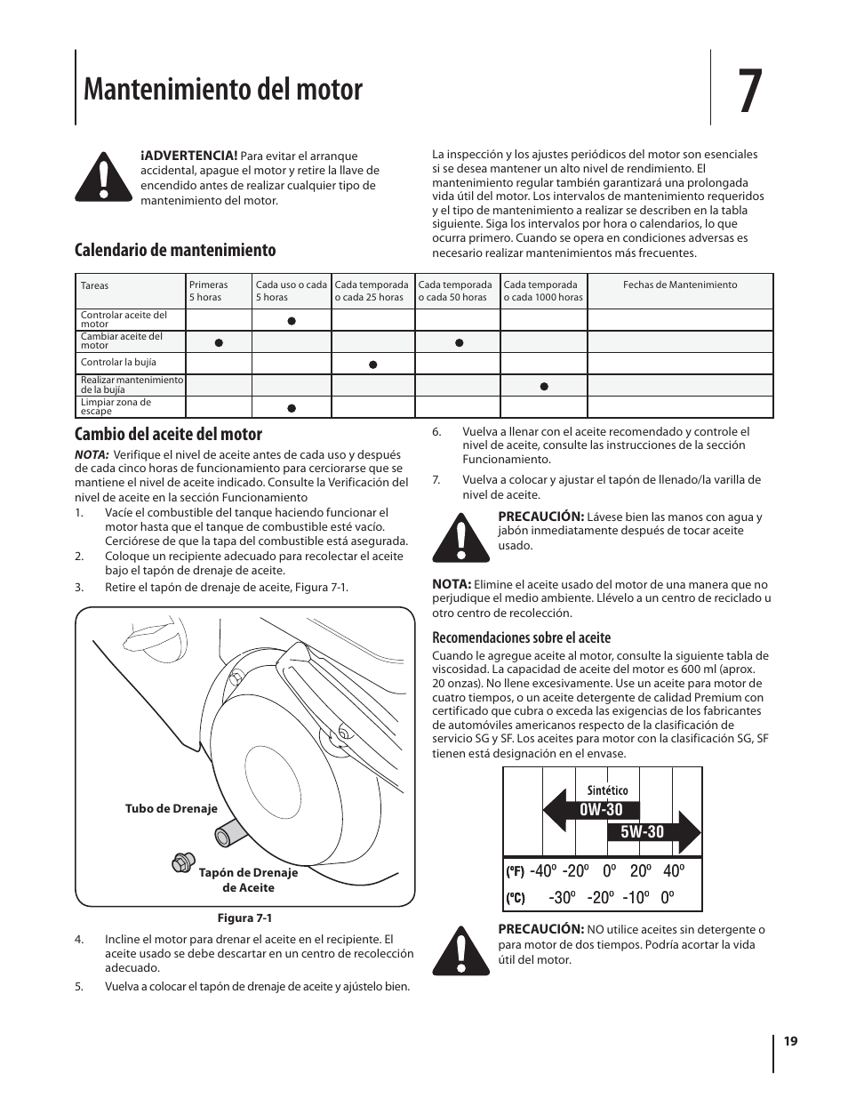 Mantenimiento del motor, Cambio del aceite del motor, Calendario de mantenimiento | Troy-Bilt Storm 2410 User Manual | Page 49 / 60