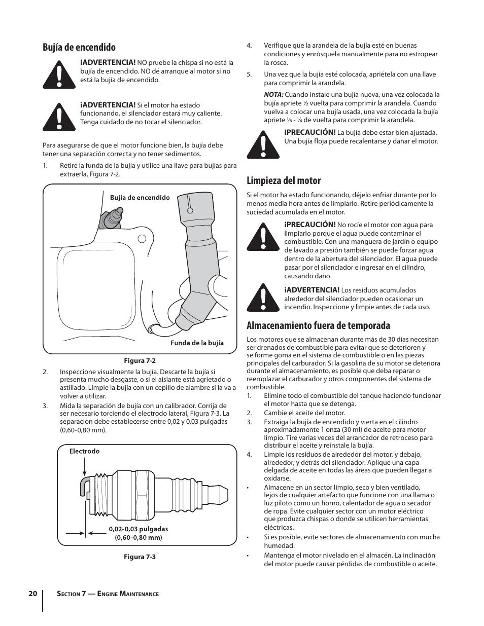 Limpieza del motor, Almacenamiento fuera de temporada, Bujía de encendido | Troy-Bilt Storm 2410 User Manual | Page 50 / 60