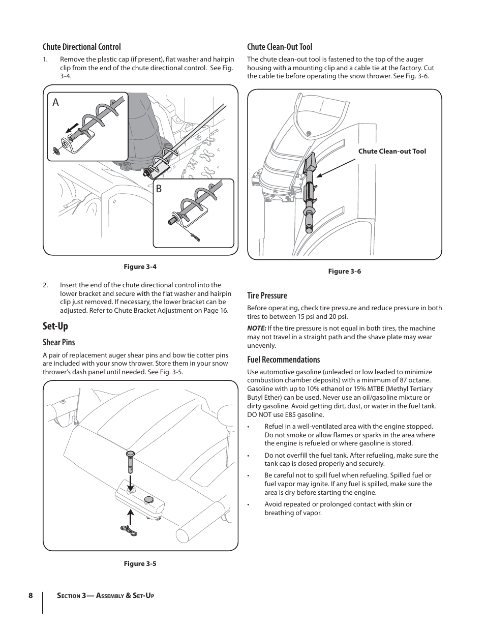 Set-up, Chute directional control, Shear pins | Chute clean-out tool, Tire pressure, Fuel recommendations | Troy-Bilt Storm 2410 User Manual | Page 8 / 60