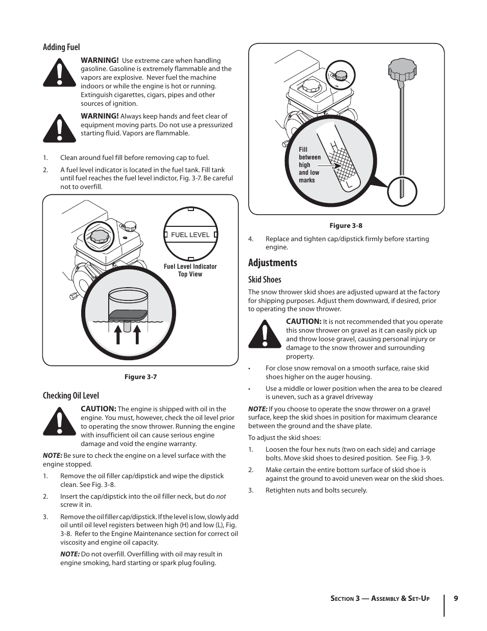 Adjustments, Adding fuel, Checking oil level | Skid shoes | Troy-Bilt Storm 2410 User Manual | Page 9 / 60