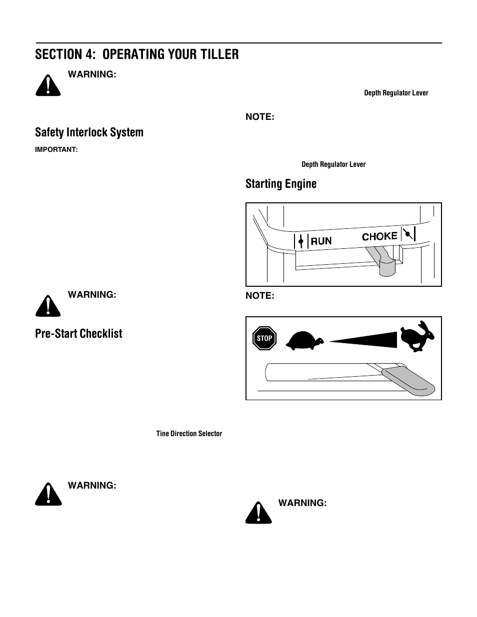 Safety interlock system, Pre-start checklist, Starting engine | Troy-Bilt 654J User Manual | Page 11 / 32